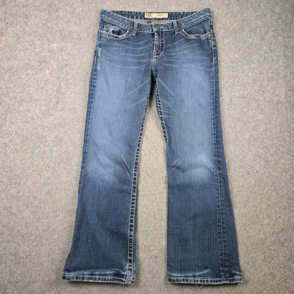 BKE Kate Jeans Womens 28x27 Blue Bootcut Low Rise Embroidered Y2K Distressed Hem